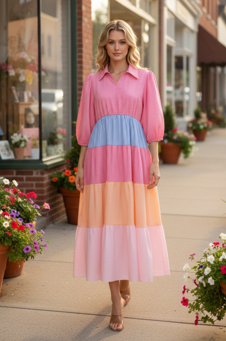 TIERED SILHOUETTE COLORBLOCK MIDI DRESS SHVL6112