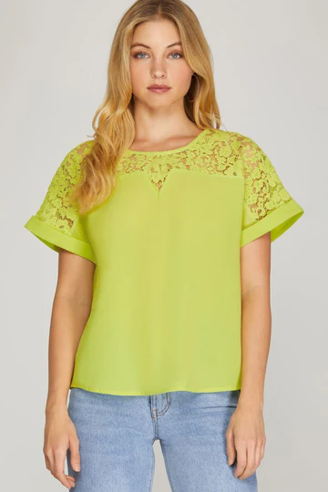 DROP SHOULDER LACE CONTRAST WOVEN TOP