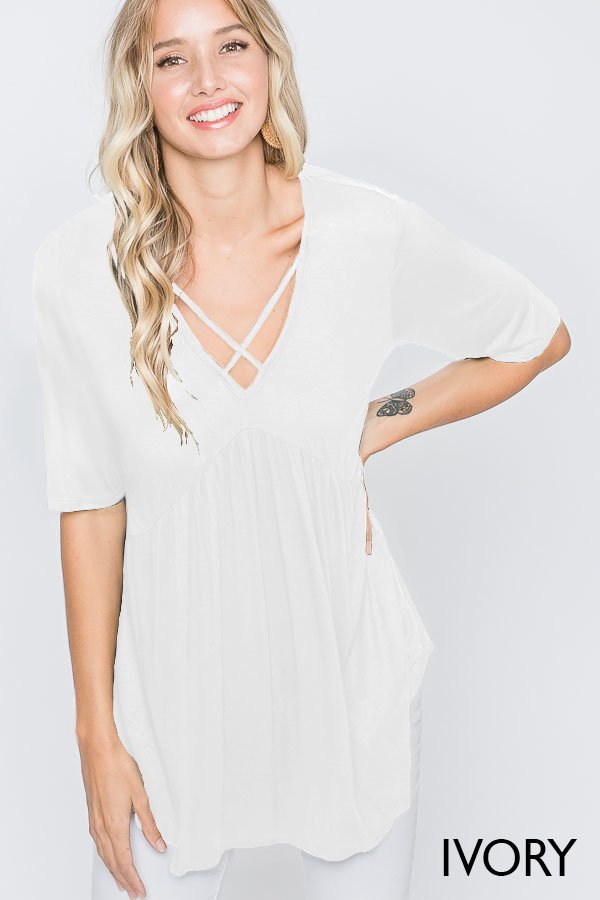 HALF SLEEVE CRISSCROSS V NECK SOLID BABYDOLL TOP