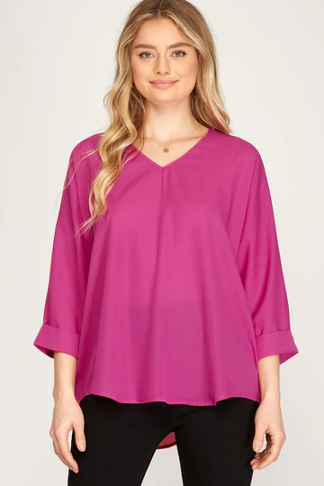V-NECK 3/4 SLEEVES WOVEN TOP SKSS9887