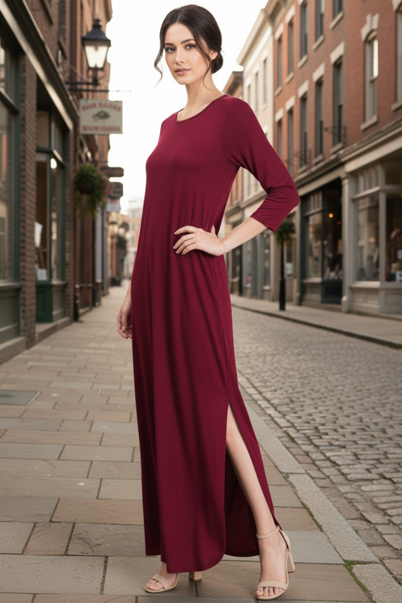 THREE QUARTER SLEEVE ROUND NECK SOLID MAXI DRESS
