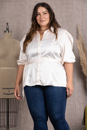 SATIN COLLARED TIE WAIST PLUS SIZE TOP