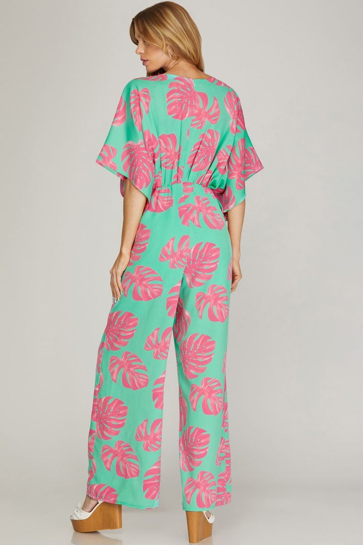 FUCHSIA KIMONO SLEEVES TROPICAL PRINT JUMPSUIT SKSY4856