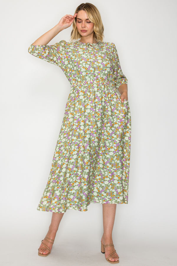 PLUS SIZE FLORAL BOHO MIDI DRESS WITH SIDE POCKETS