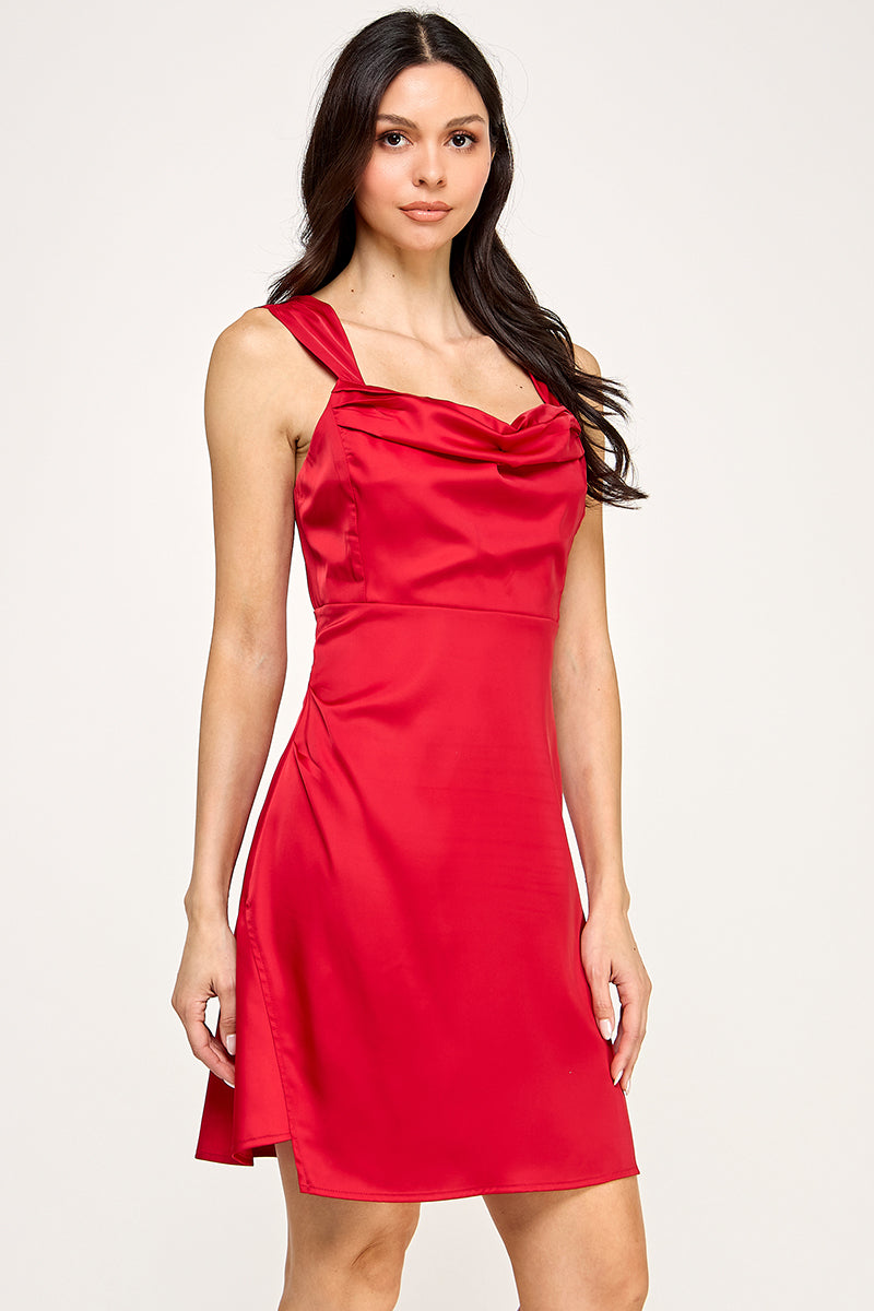 SLEEVELESS SATIN DRESS.WITH PLETED NECKLINE .