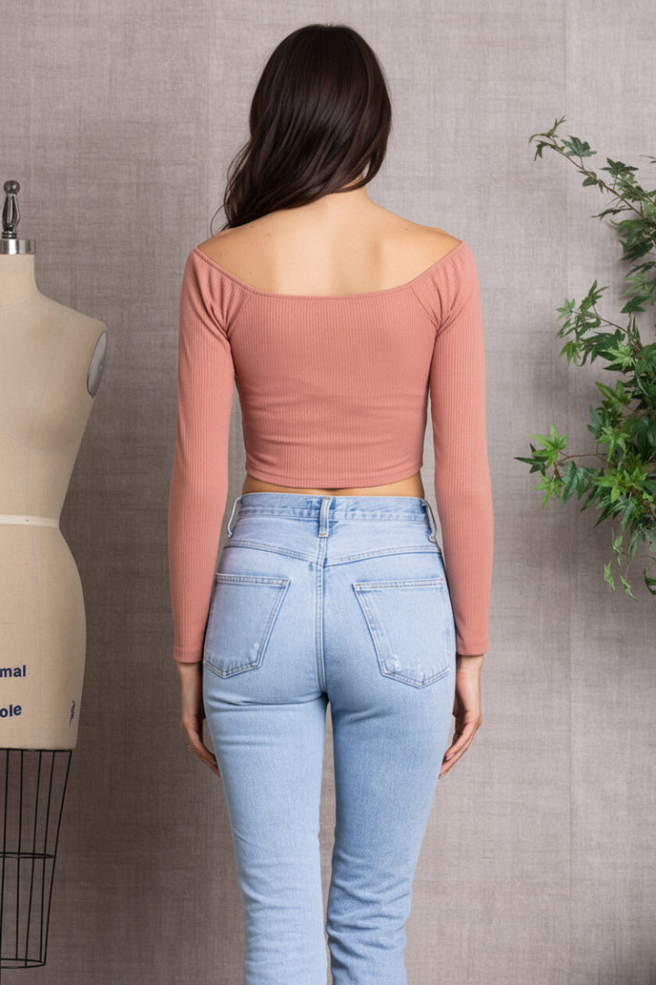 SPRUCE  RIBBED LONG SLEEVES V-CUT HEMLINE  CROP TOP-L7328