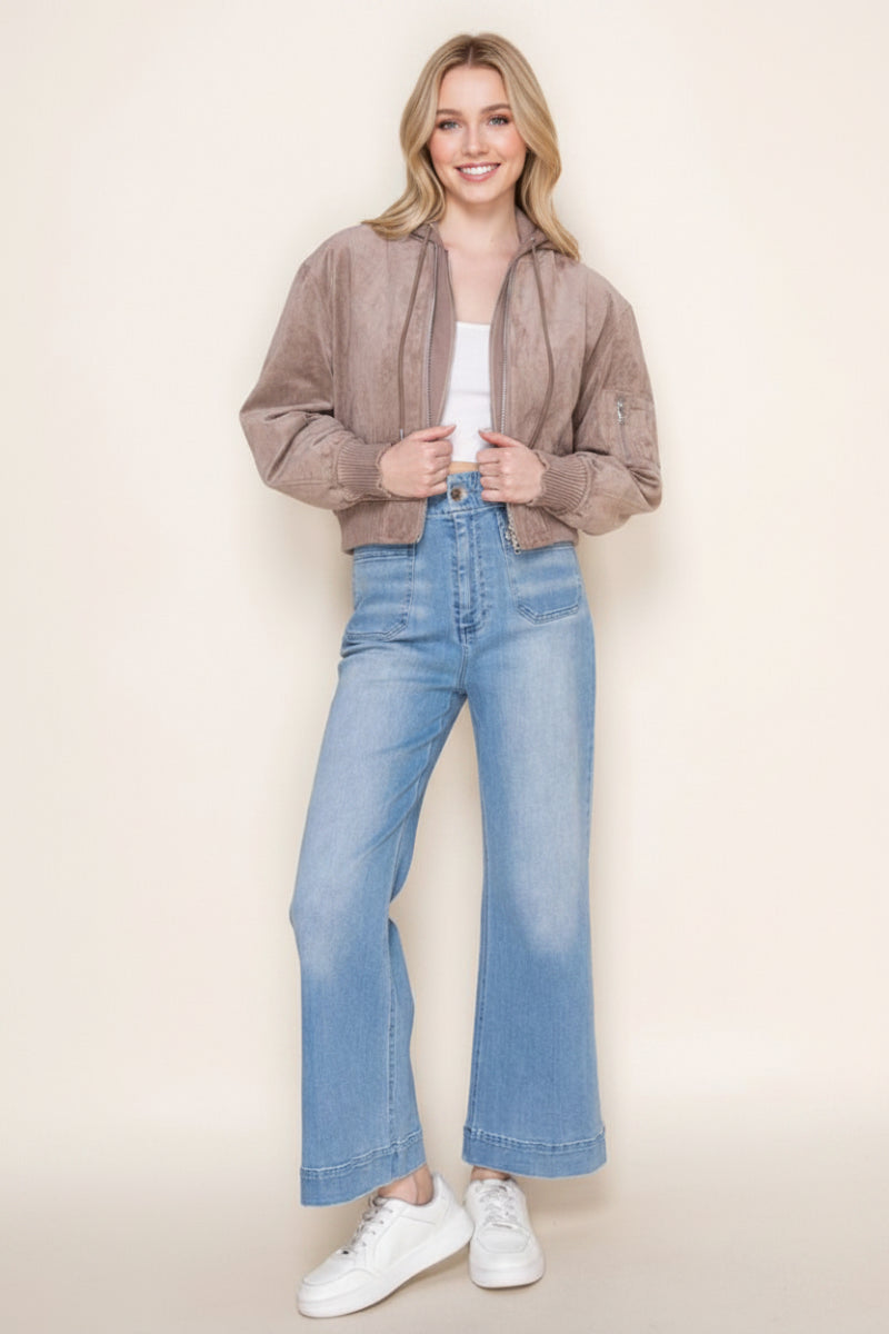 LONG SLEEVE FRONT ZIP-UP SOLID SUEDE JACKT-WBT11137XL