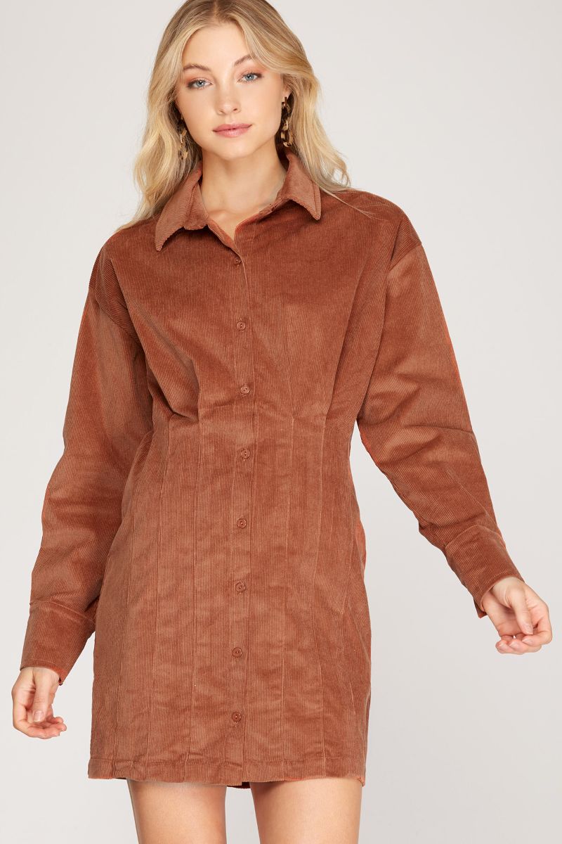 TAUPE LONG SLEEVE CORDUROY TUCKED SHIRT MINI DRESS SKSS8191