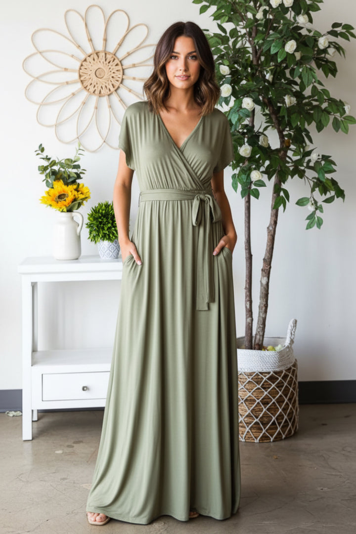 SHORT SLEEVE V NECK SOLID MAXI WRAP DRESS HMED6724S