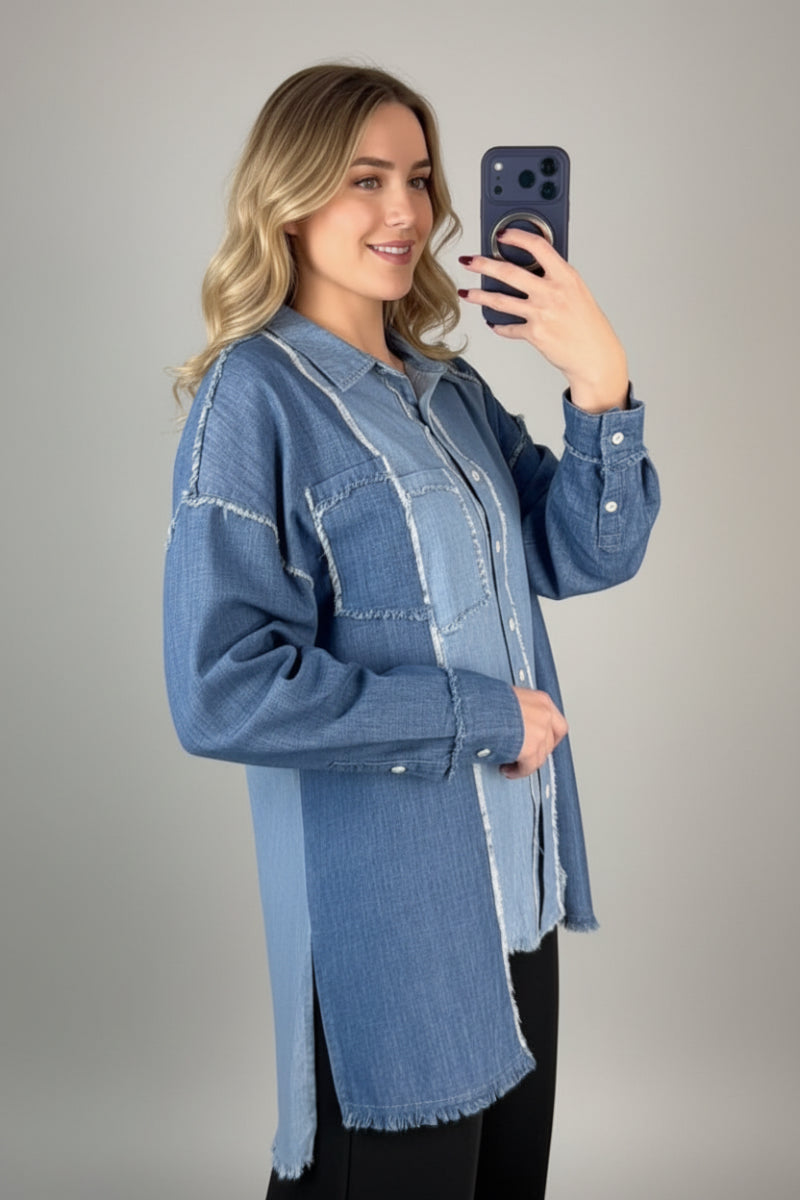LONG SLEEVE PATCH DENIM SHACKET-WBT10560XL