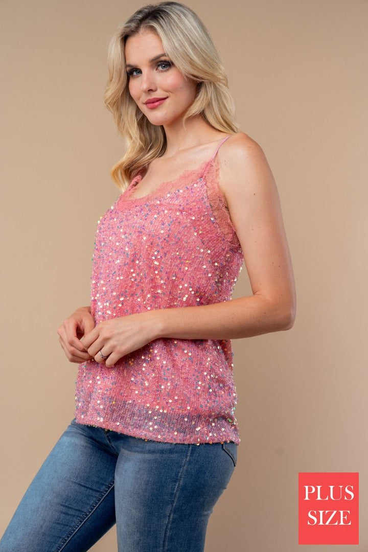 SLEEVELESS SEQUIN PLUS SIZE TOP WITH V-NECK FEATURING LACE