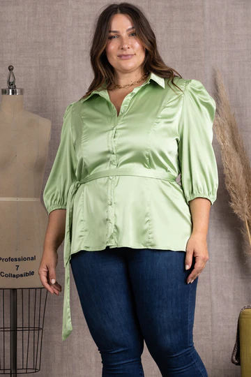 SATIN COLLARED TIE WAIST PLUS SIZE TOP