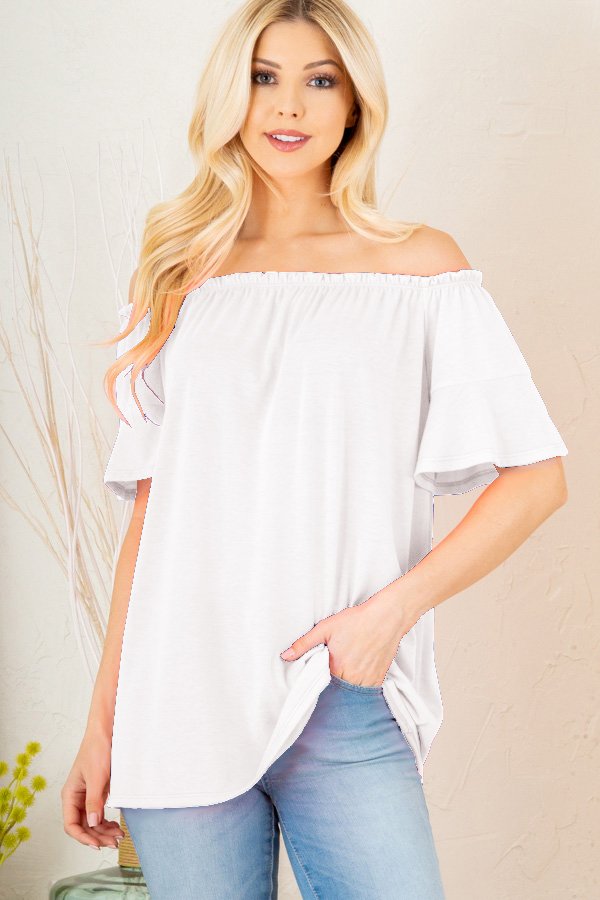SHORT SLEEVE RUFFLED OFF SHOULDER SOLID TOP PLUS SIZE