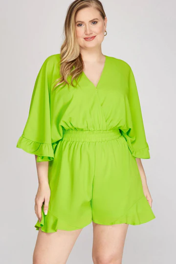 RUFFLED DOLMAN SLEEVES ELASTIC WAIST WOVEN PLUS SIZE ROMPER