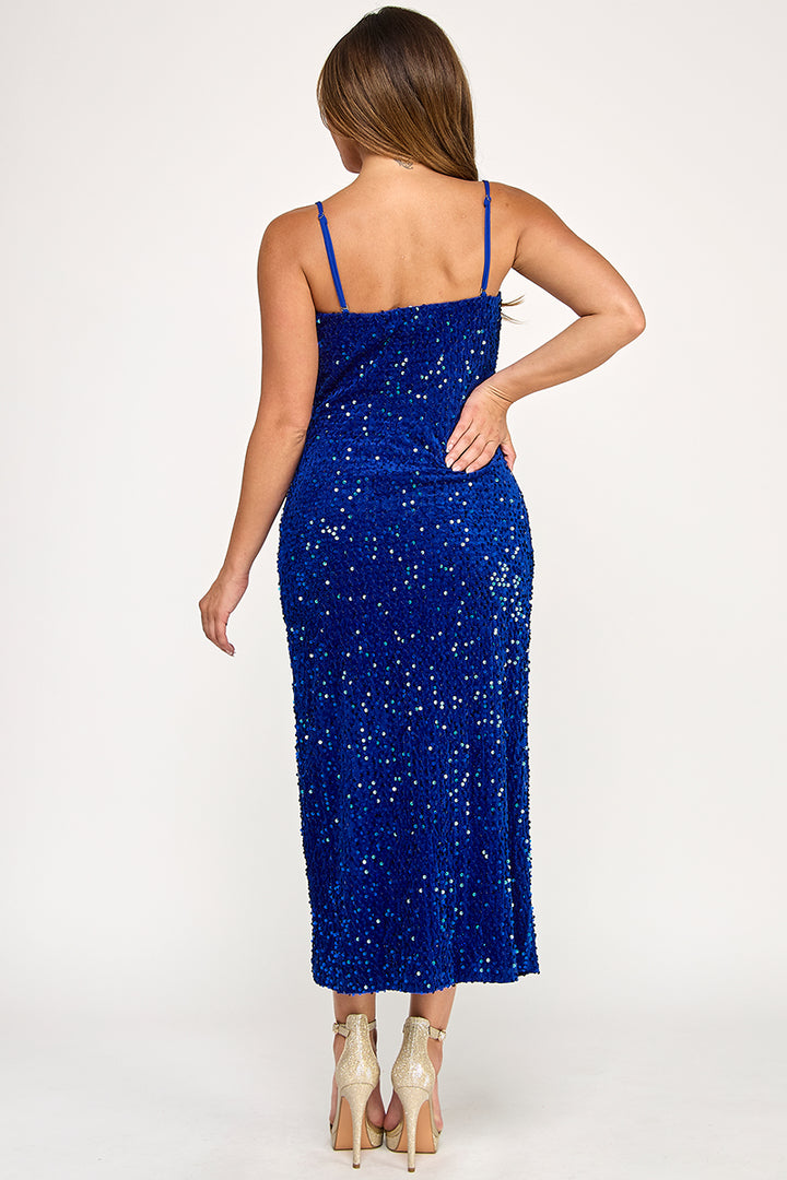 VELVET SEQUIN DRESS WITH LEG SLIT