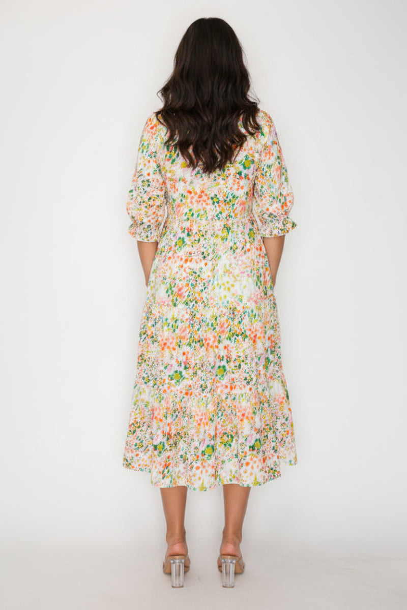 PLUS SIZE TIERED BOHO FLORAL MIDI DRESS 3/4 SLEEVES DETAIL