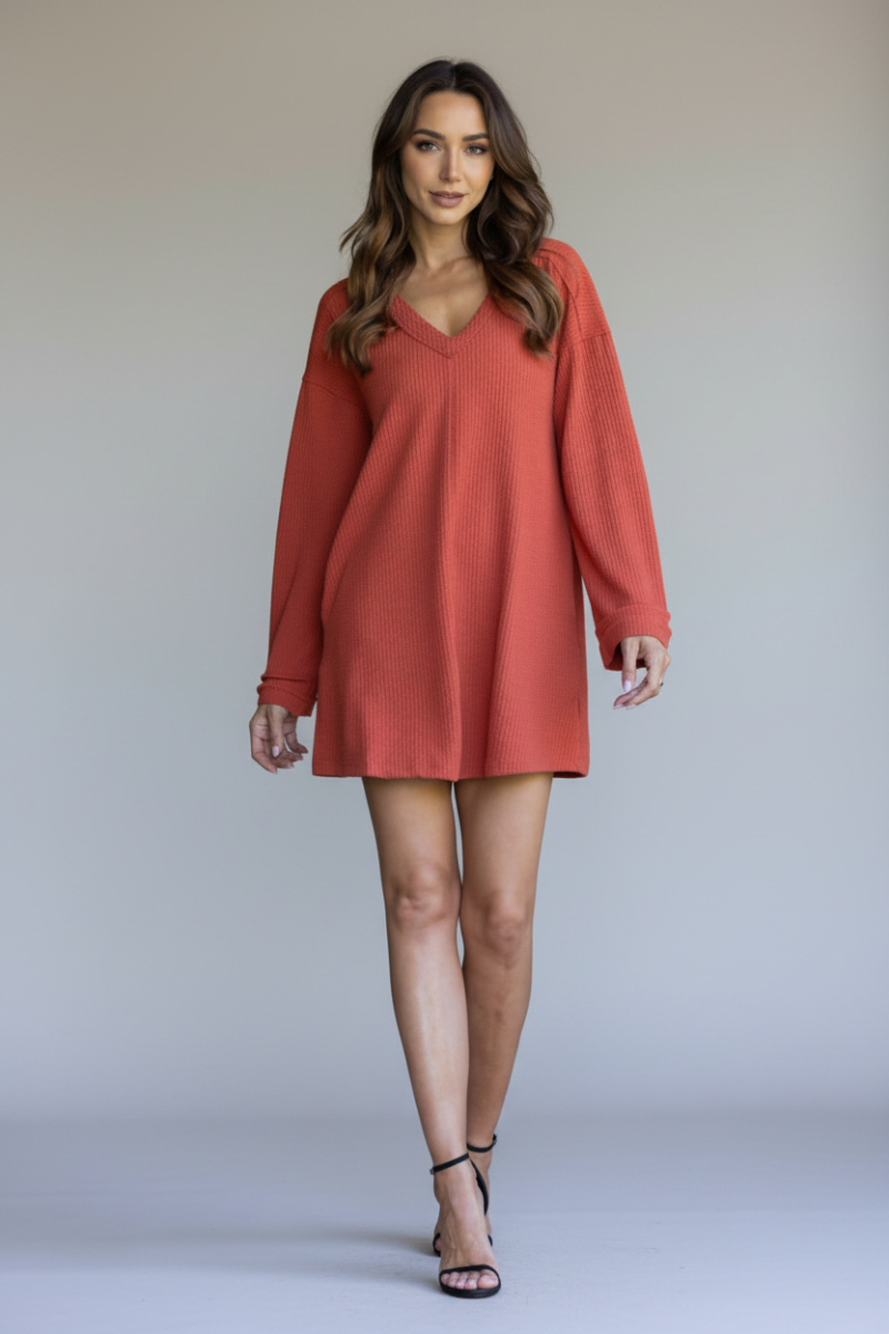 RIBBED KNIT LONG SLEEVES MINI DRESS-ND30196-