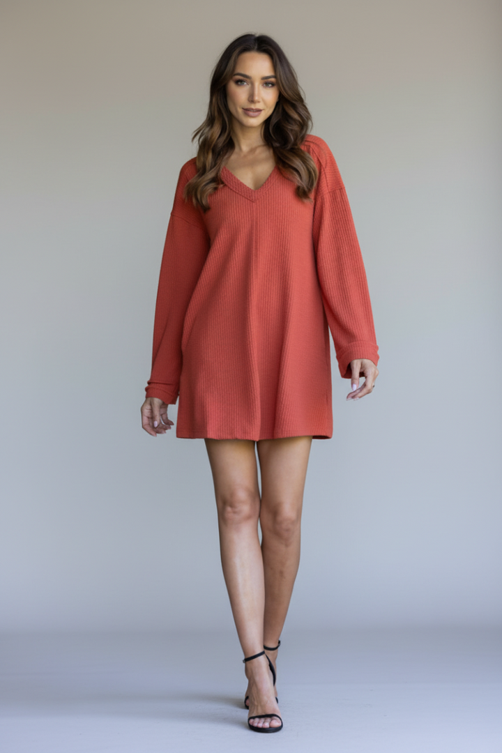 RIBBED KNIT LONG SLEEVES MINI DRESS-ND30196-