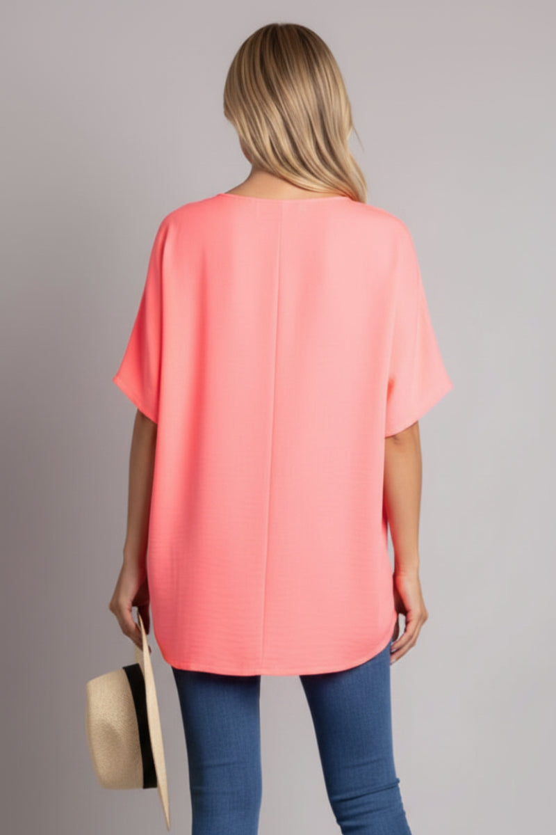 AQUA SOLID V-NECK SHORT SLEEVE LOOSE FIT TUNIC TOP-ST11475-