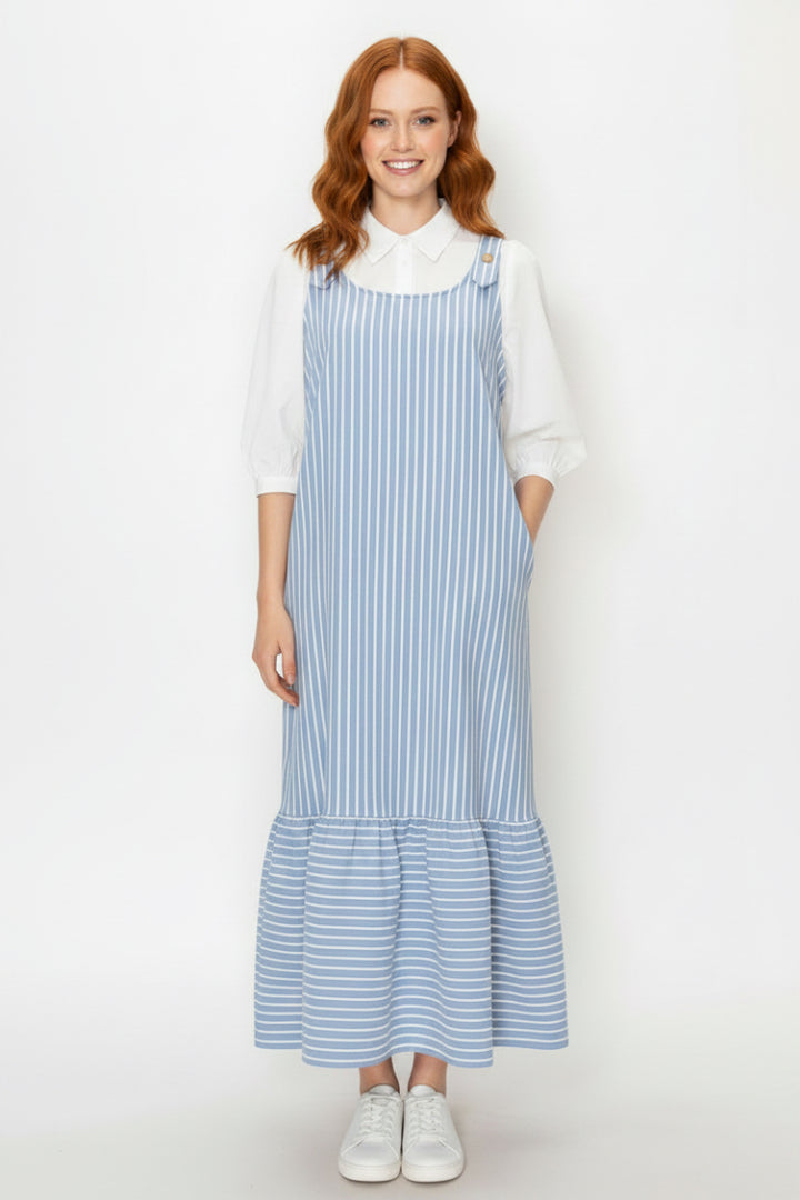 PLUS SIZE LIGHT BLUE AND WHITE VERTICAL STRIPED MIDI JUMPER DRESS-SHVL5867