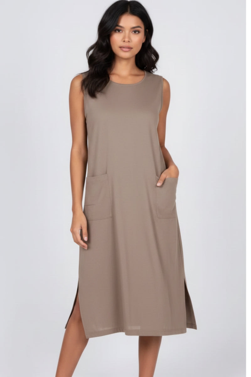 FUCHSIA SLEEVELESS FRONT PATCH POCKETS MIDI DRESS HMD1055