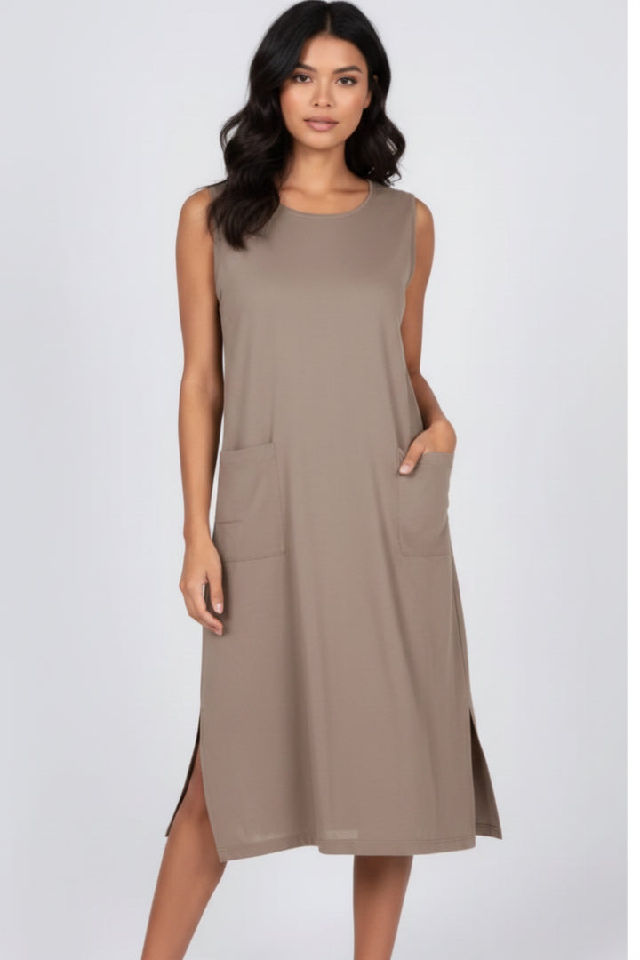 FUCHSIA SLEEVELESS FRONT PATCH POCKETS MIDI DRESS HMD1055