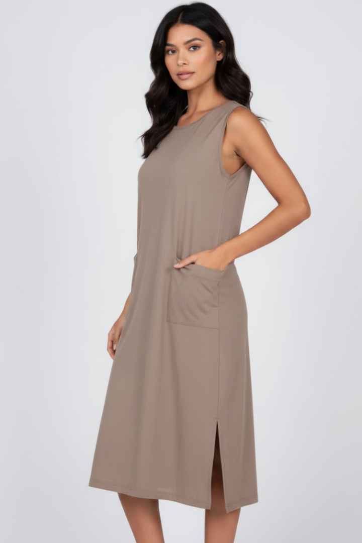 FUCHSIA SLEEVELESS FRONT PATCH POCKETS MIDI DRESS HMD1055