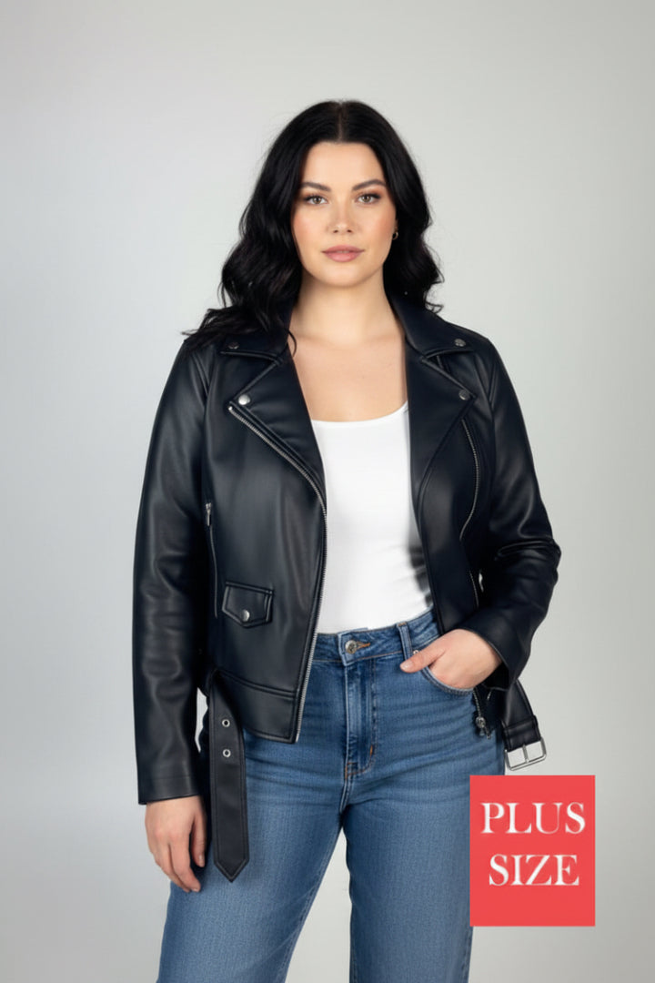 PLUS SIZE BLACK ZIPPERED FAUX LEATHER JACKET