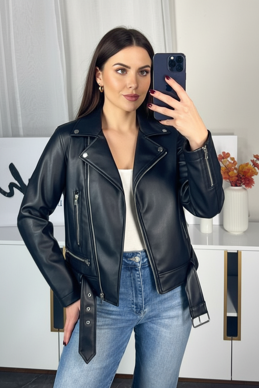 PLUS SIZE BLACK ZIPPERED FAUX LEATHER JACKET