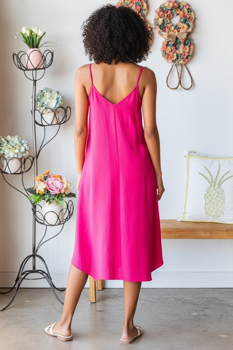 SLEEVELESS SPAGHETTI STRAP V NECK SOLID MIDI DRESS HMED6782-11