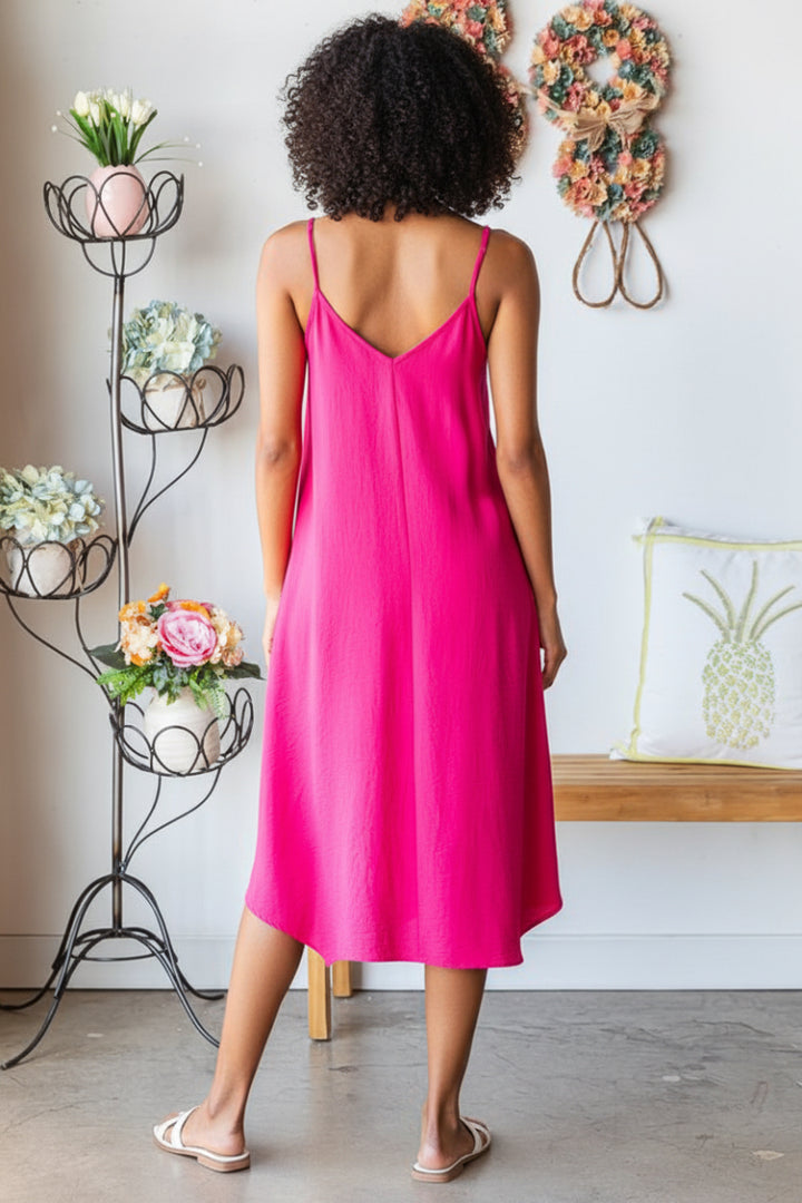 SLEEVELESS SPAGHETTI STRAP V NECK SOLID MIDI DRESS HMED6782-11