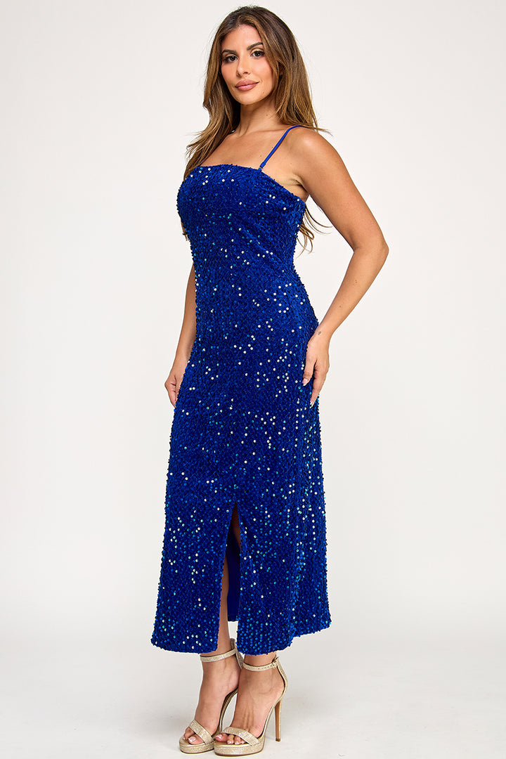 VELVET SEQUIN DRESS WITH LEG SLIT