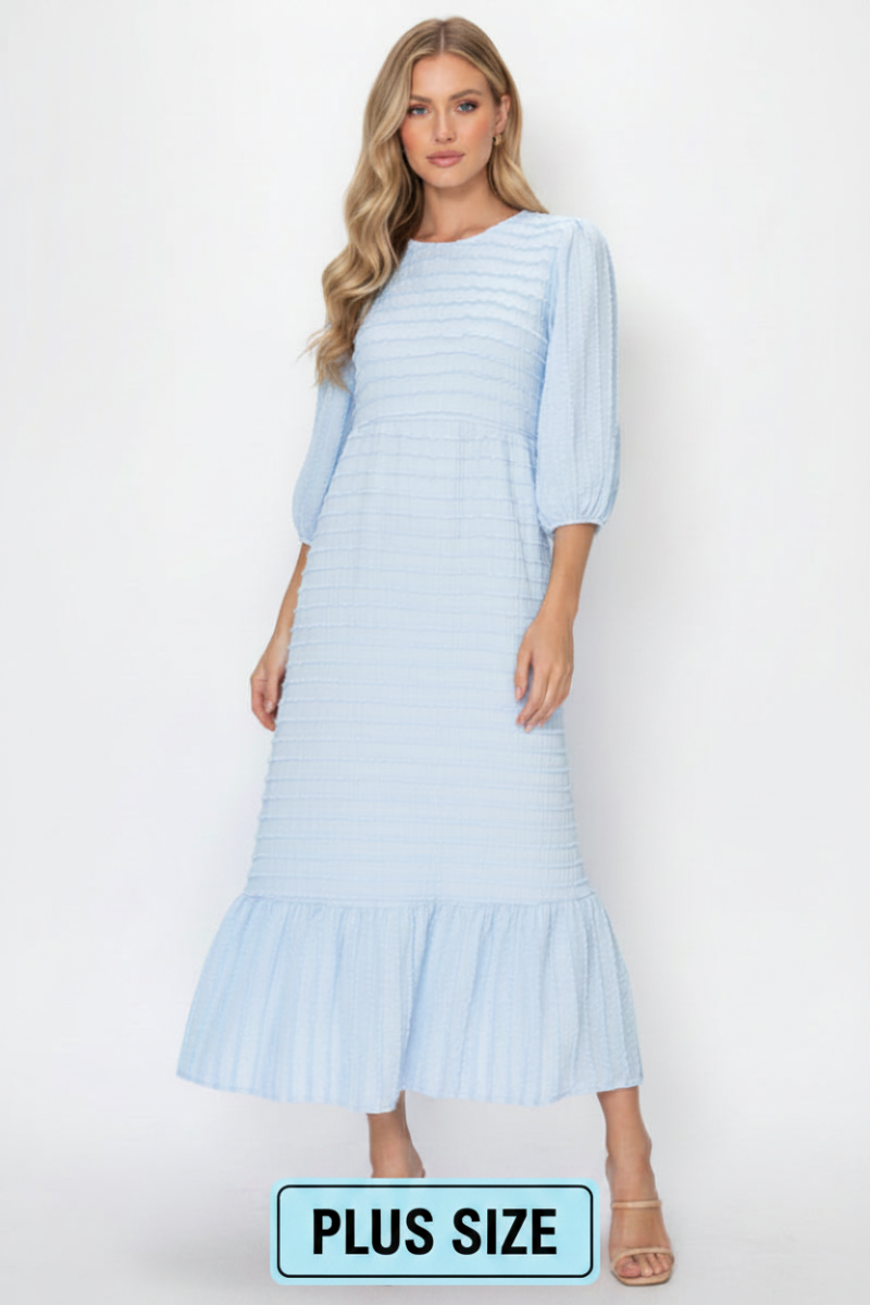PLUS SIZE TEXTURED MIDI DRESS WITH 3/4 BALLOON SLEEVES