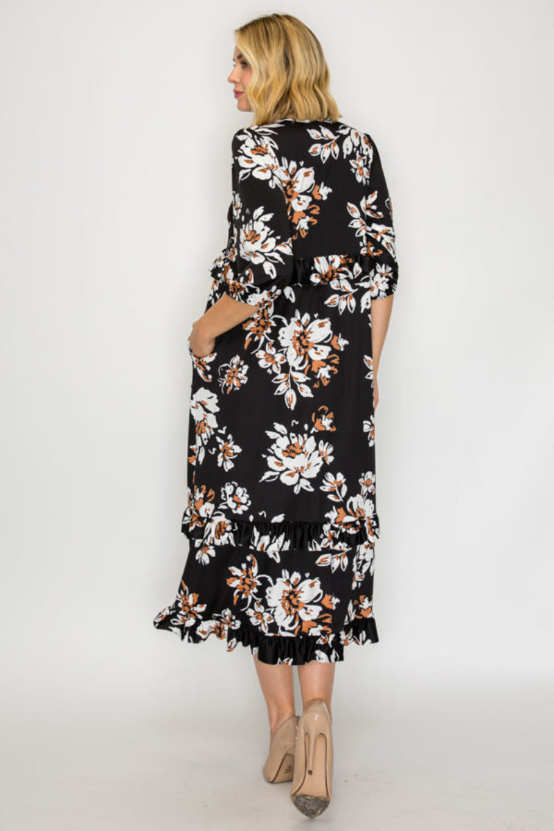TIERED RUFFLE MIDI DRESS WITH SIDE POCKETS
