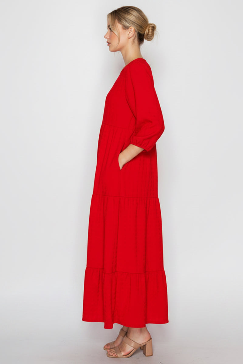 PLUS SIZE PUFF SLEEVES LAYERED DRESS WITH SIDE POCKETS-SHVL5825