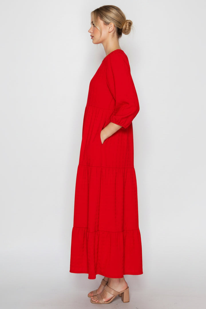PLUS SIZE PUFF SLEEVES LAYERED DRESS WITH SIDE POCKETS-SHVL5825