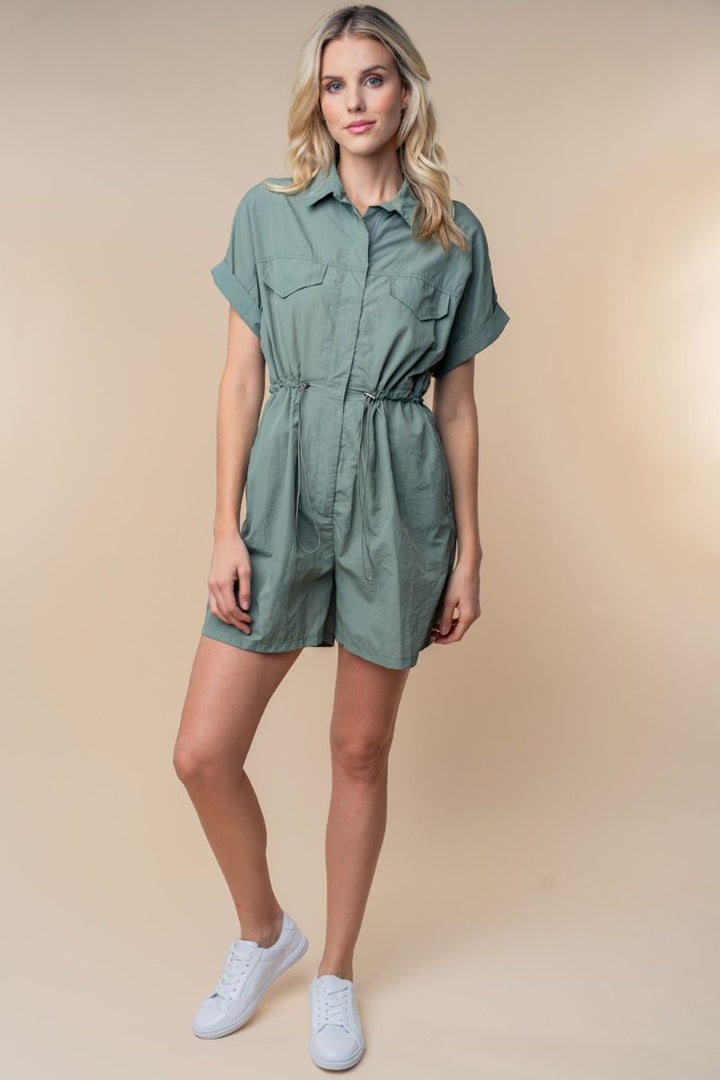 SHORT SLEEVE SOLID WOVEN ROMPER