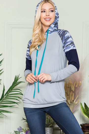 CAMO AND COLOR BLOCK CONTRAST HOODY TOP