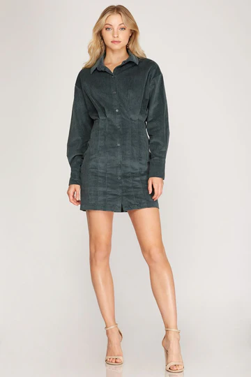 TAUPE LONG SLEEVE CORDUROY TUCKED SHIRT MINI DRESS SKSS8191