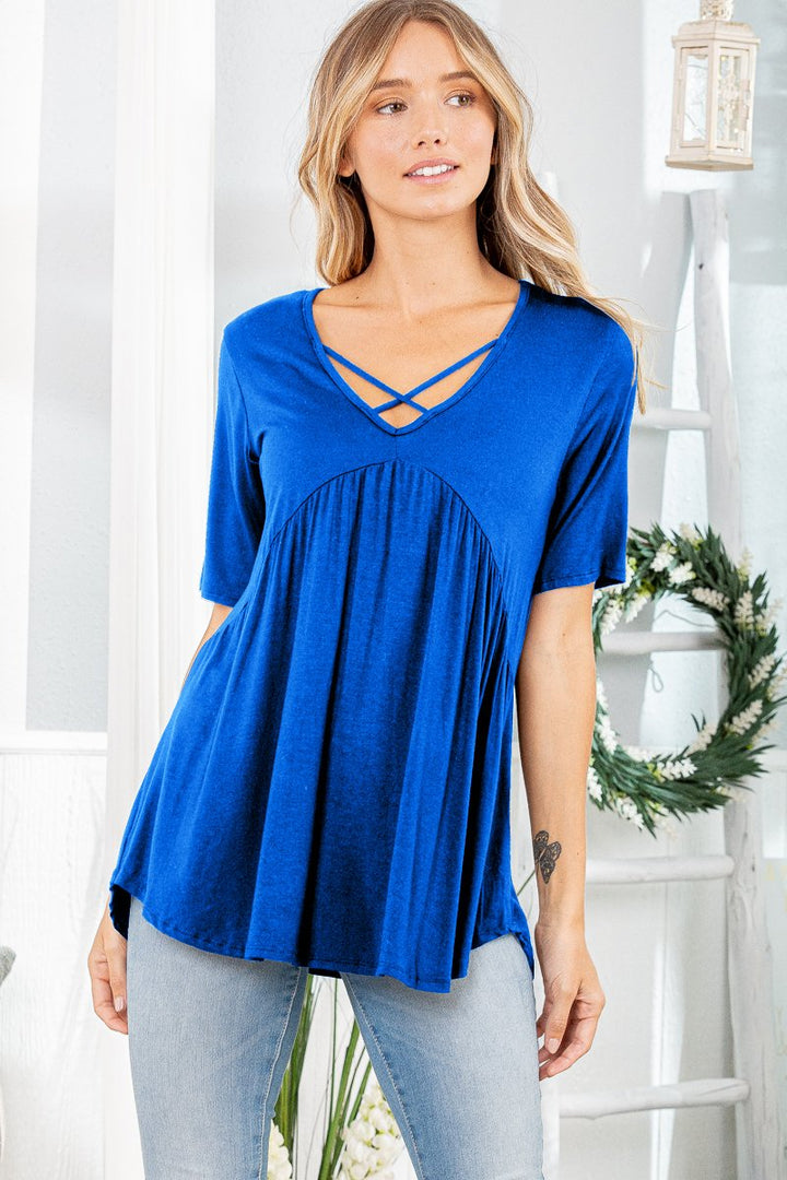 HALF SLEEVE CRISSCROSS V NECK SOLID BABYDOLL TOP