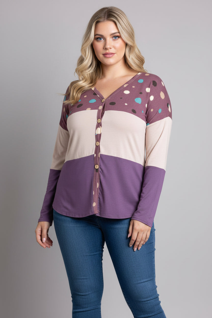 POLKADOT COLOR BLOCK BUTTON DOWN PLUS SIZE SWEATER-CT43590DX-