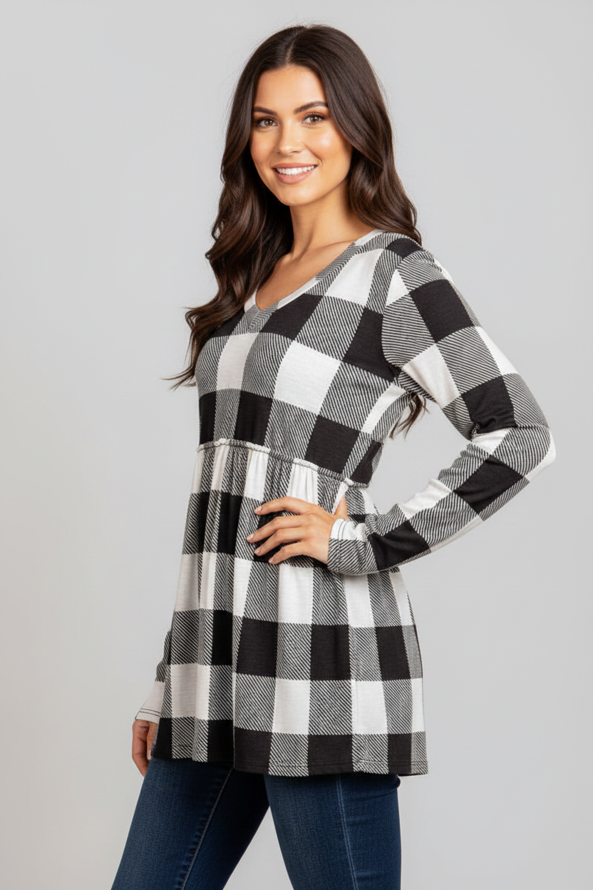 LONG SLEEVE V NECK PLAID PRINT TOP WITH RUFFLED DETAIL HMST2091