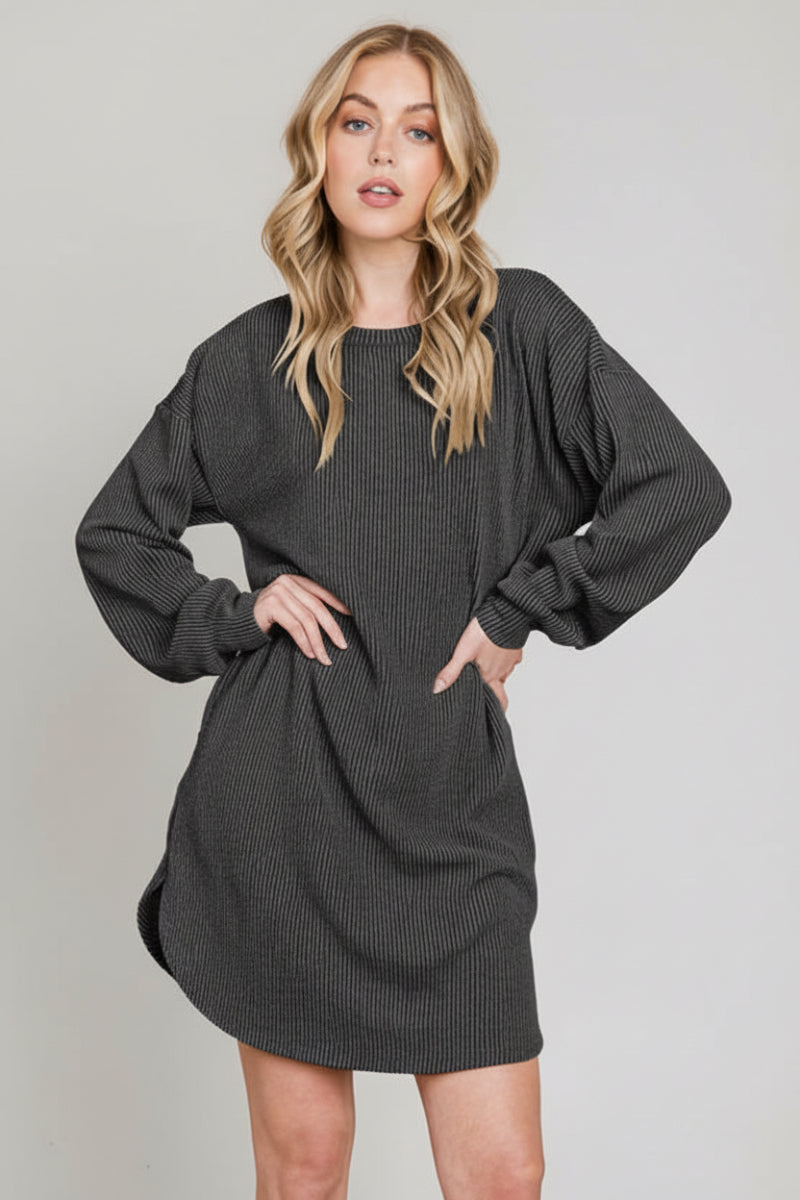LONG PUFF SLEEVE SOLID URBAN RIBBED MINI DRESS
