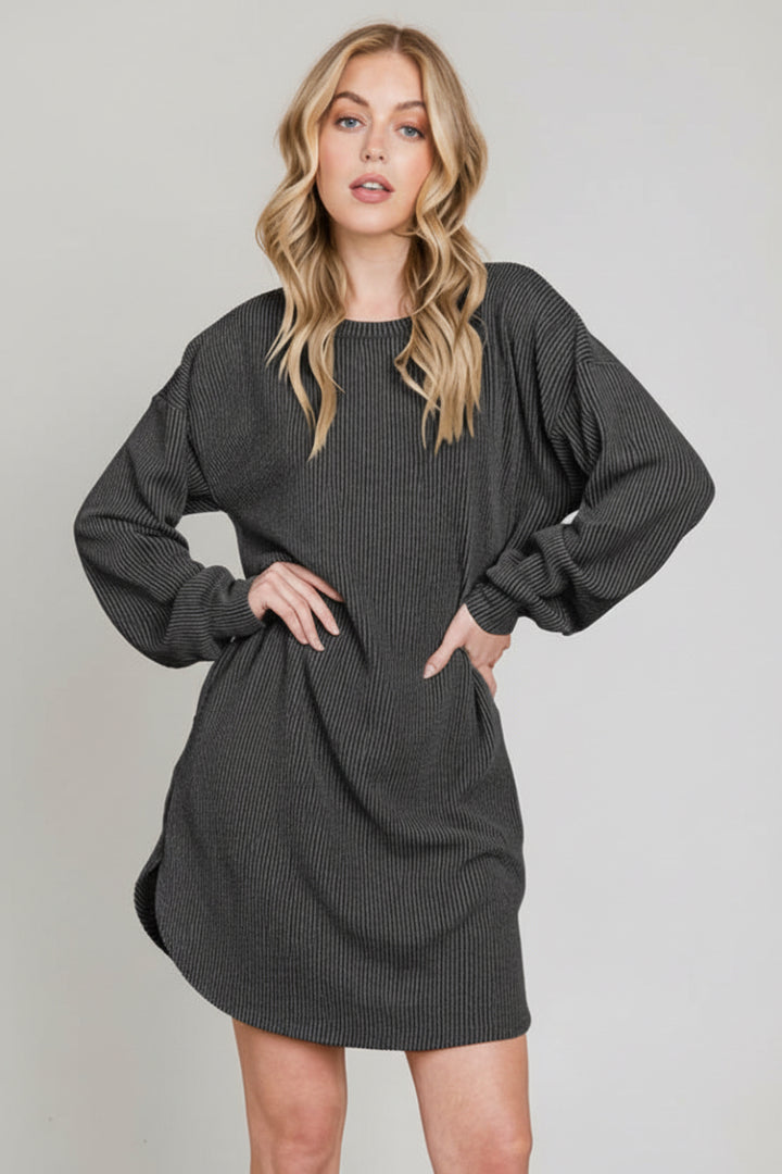 LONG PUFF SLEEVE SOLID URBAN RIBBED MINI DRESS