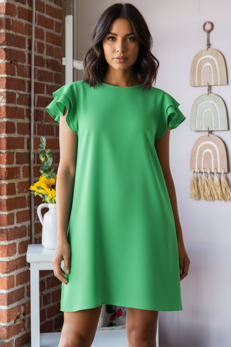 PLUS SIZE RUFFLED SHORT SLEEVE ROUND NECK SOLID MINI DRESS*