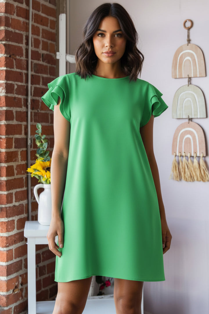 PLUS SIZE RUFFLED SHORT SLEEVE ROUND NECK SOLID MINI DRESS*