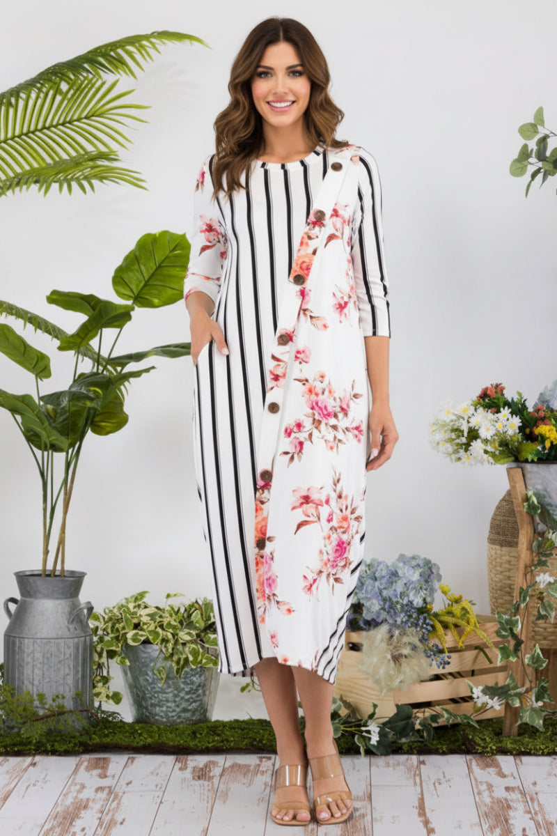 PLUS SIZE STRIPE FLORAL CONTRAST MIDI-DRESS-CLCD43837D