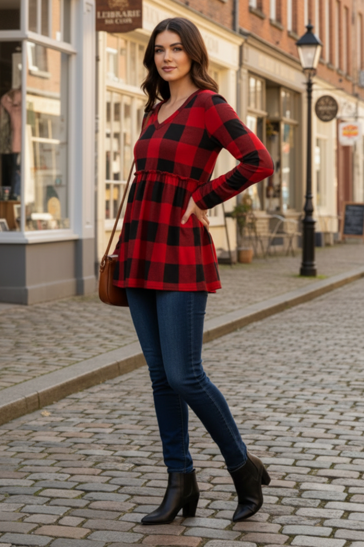 LONG SLEEVE V NECK PLAID PRINT TOP WITH RUFFLED DETAIL HMST2091