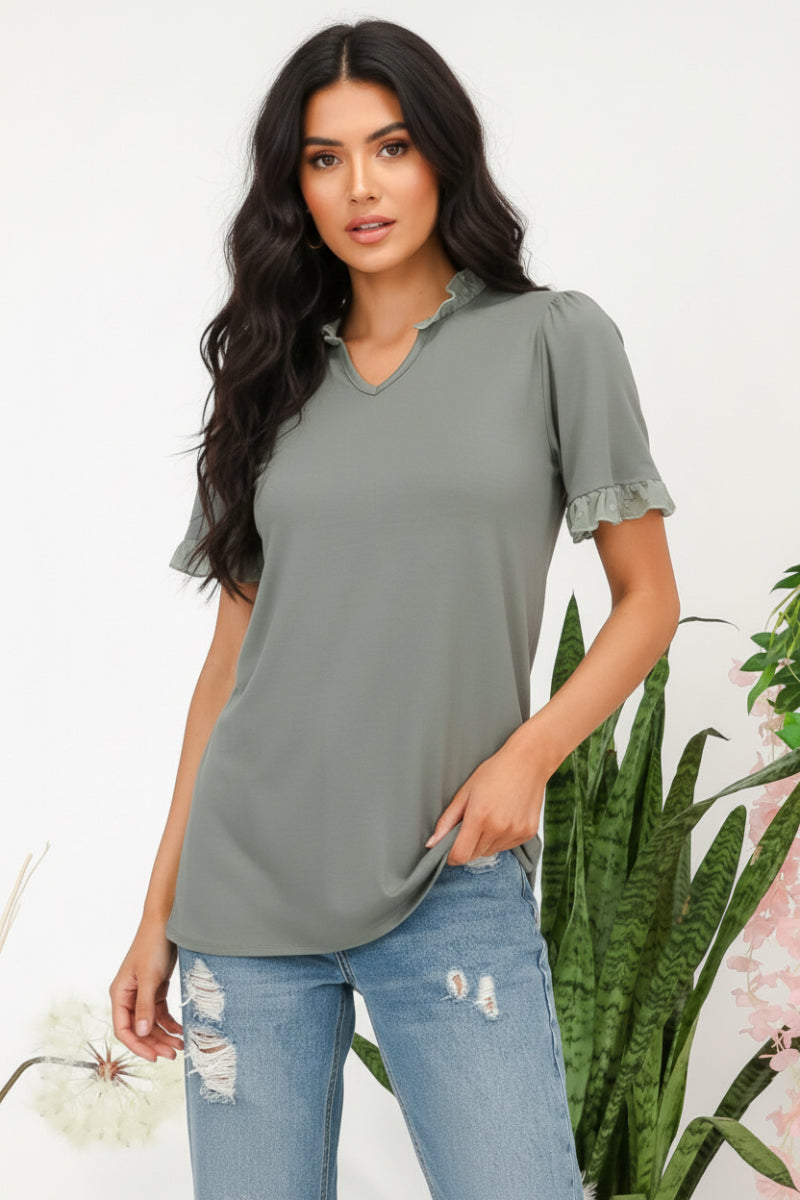 SOLID TOP WITH RUFFLE CHIFFON SLEEVE DETAIL-CLCT43791