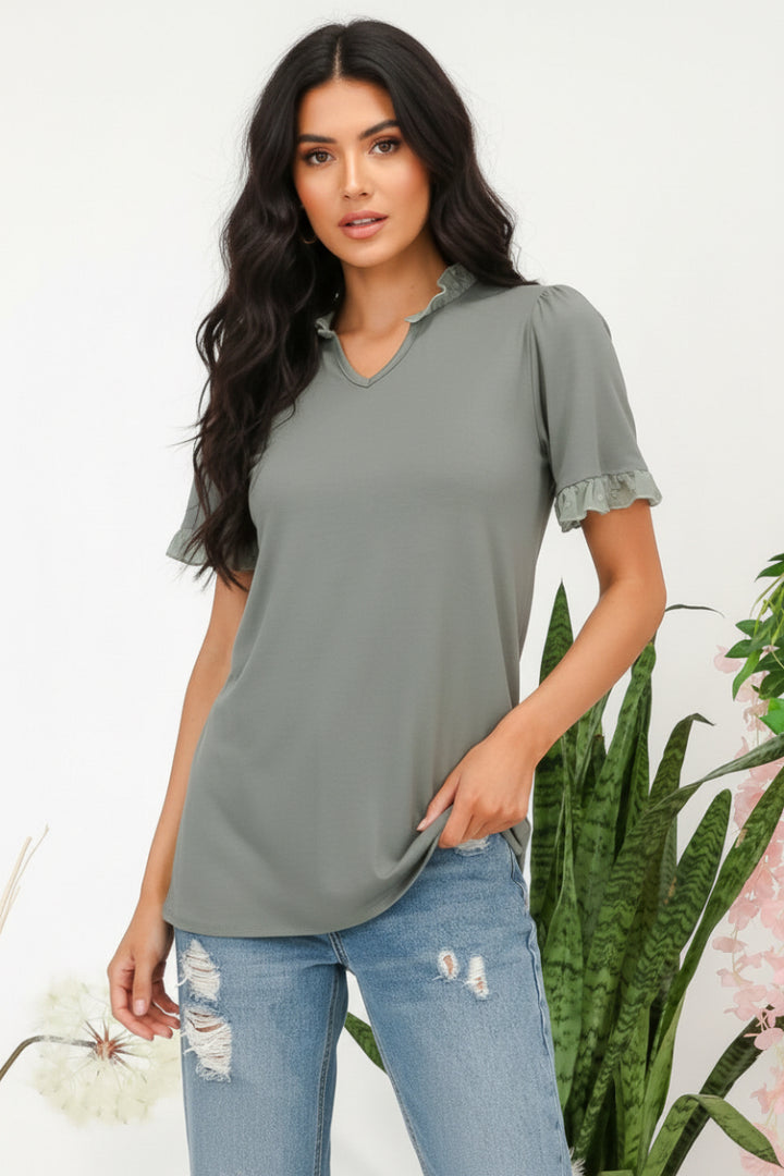 SOLID TOP WITH RUFFLE CHIFFON SLEEVE DETAIL-CLCT43791